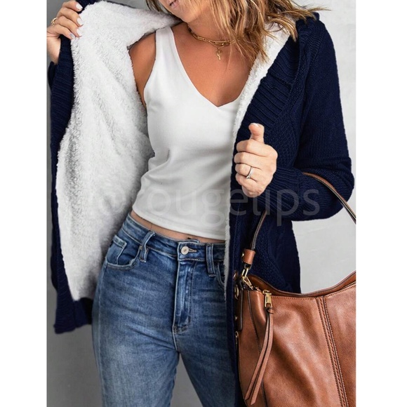 Navy Blue Faux Sherpa Knit Hooded Cardigan Front Pockets Long Sleeves Hip Length - Picture 6 of 16